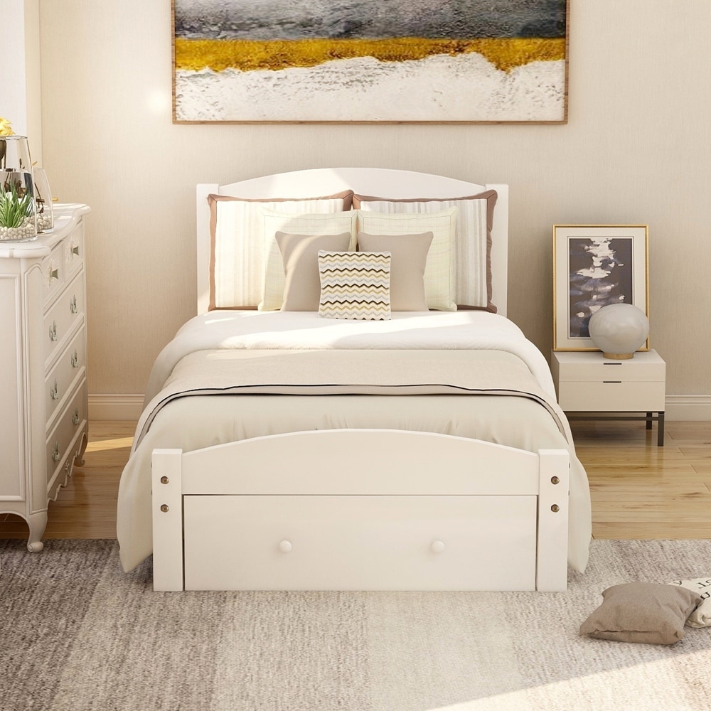 Platform Twin Bed Frame with Storage Drawer and Wood Slat Support