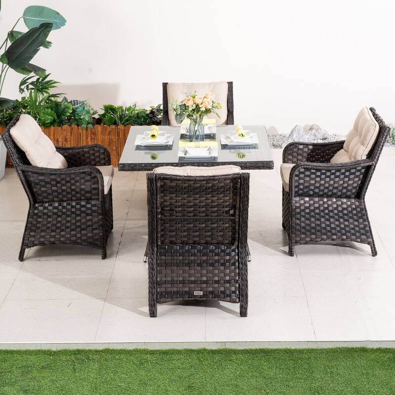 5-piece Outdoor Dining Set - PE Wicker Chairs & Tempered Glass Table