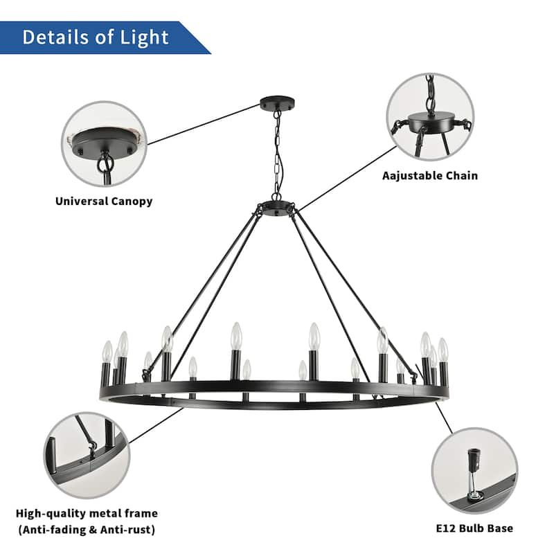 43-inch Farmhouse Black Wagon Wheel 16-Light Chandelier - N/A