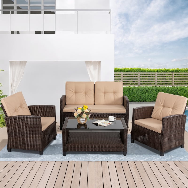 Outdoor 4-Piece Wicker Patio Conversation Sofa Set - N/A - Brown