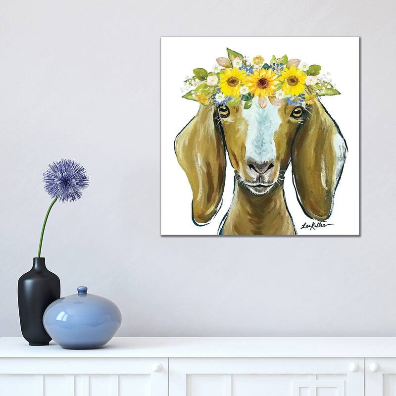 iCanvas "Madge The Goat With Sunflowers Flower Crown" by Hippie Hound Studios Canvas Print - 18x18x1.5