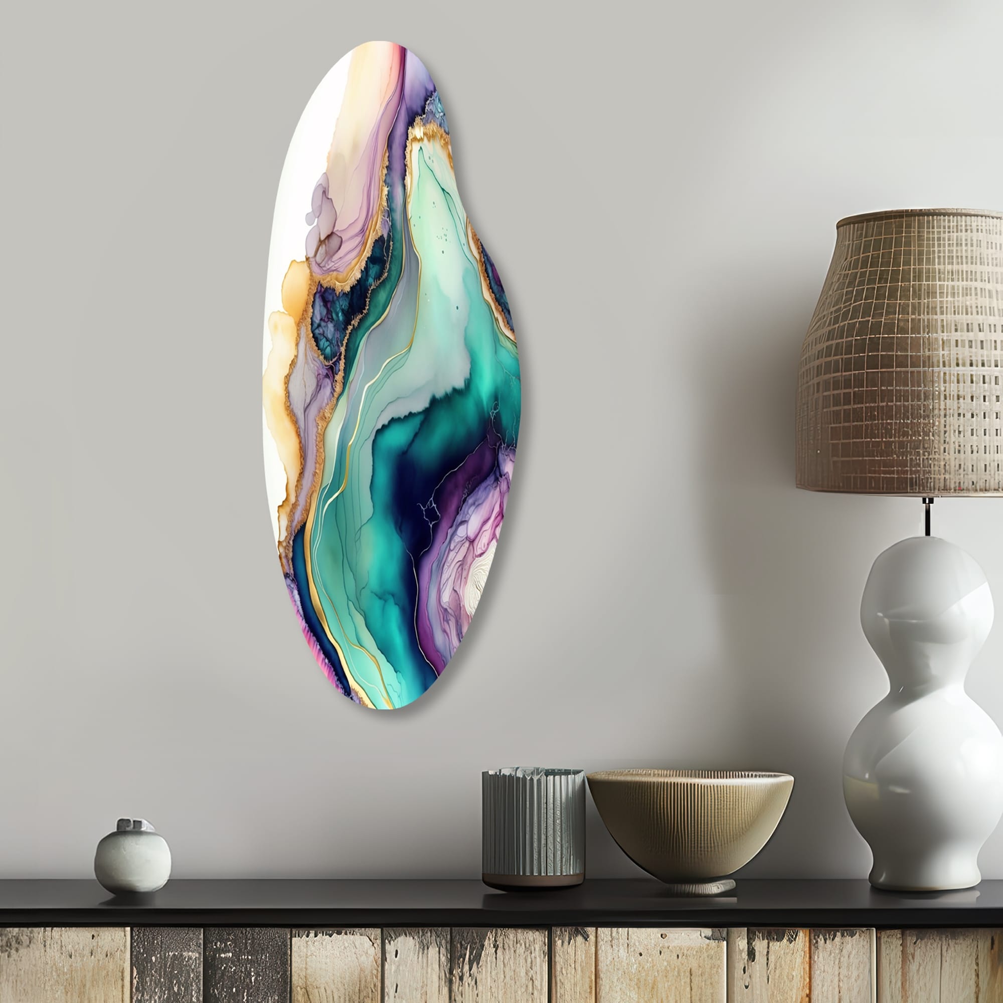 Designart - Green Purple Abstract Geode - Abstract Marble Metal Wall Art - Modern Green Metal Curved Shape Print