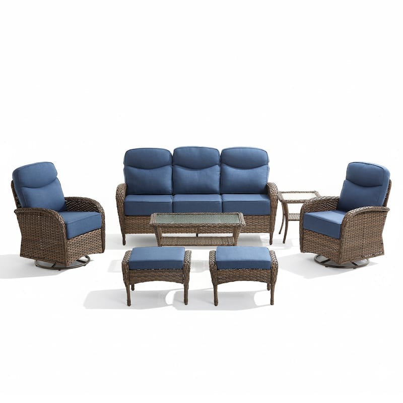 Meyreso 7-Piece Wicker Patio Conversation Set with Swivel Gliders and 6-Inch Thick Olefin Cushions