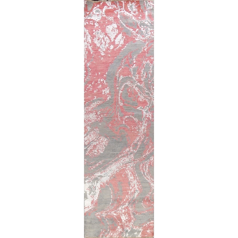 Wool/ Silk Vegetable Dye Abstract Oriental Runner Rug Hand-knotted - 3'1" x 12'2"