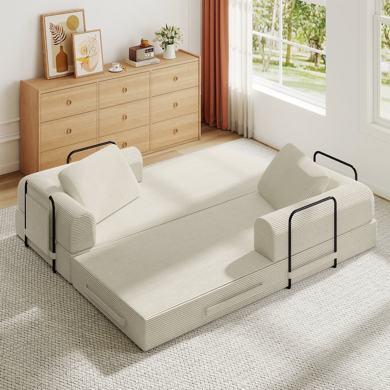 Convertible Sleeper Sofa Bed, Corduroy Folding Sleeper Couch with Pillow, Boneless Couch for Living Room, Floor Lounge Sofa