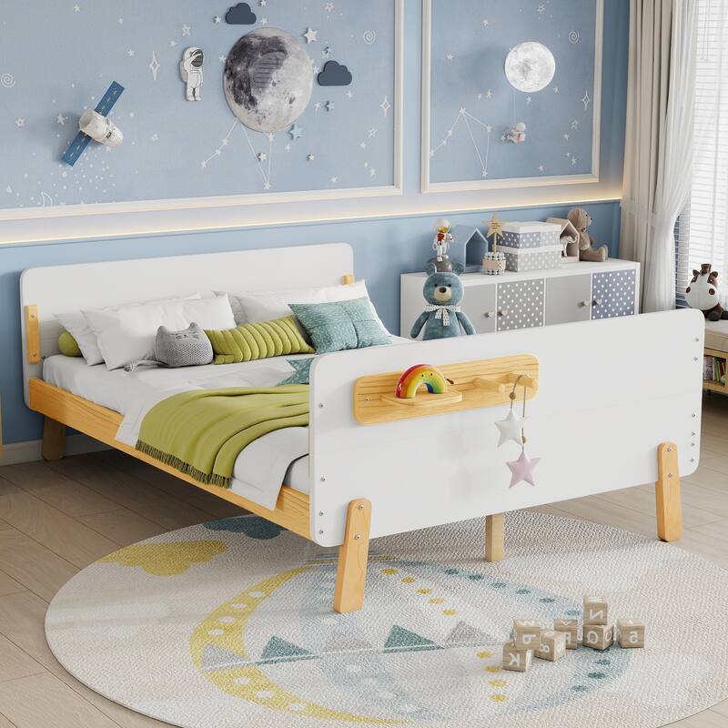 Kids Wood Platform Bed with Guardrails, Bottle Holder and 2 Hanging Rod, Convertible Toddler Daybed, Low Profile Design Frame