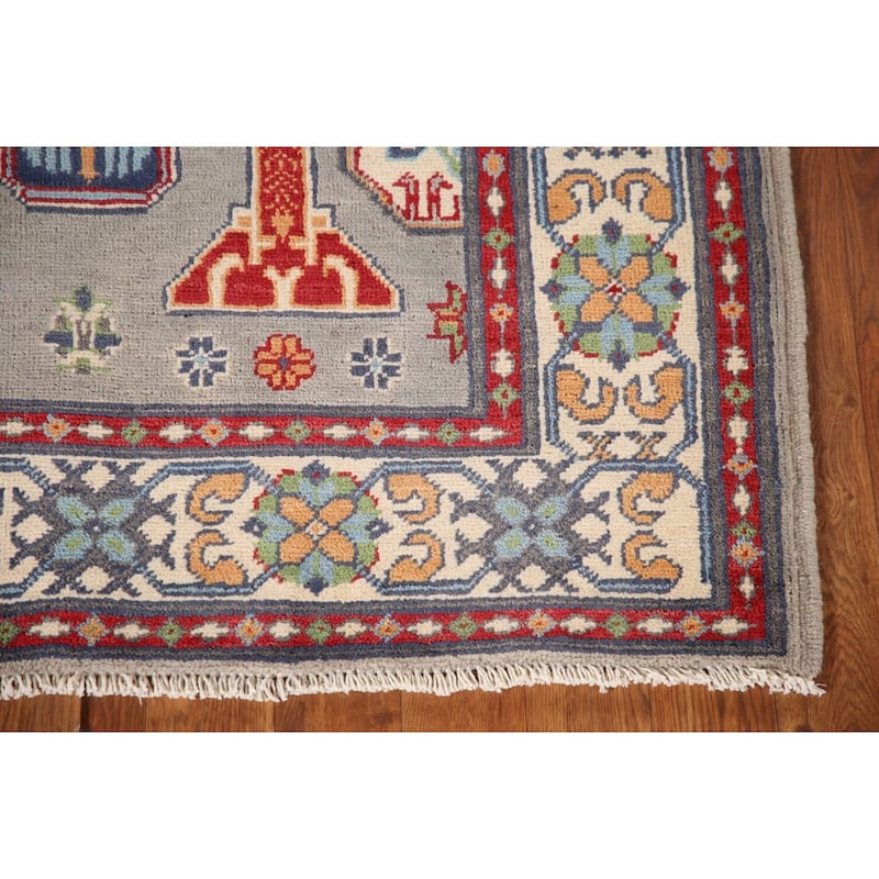 Geometric Kazak Oriental Rug Hand-Knotted Oriental Grey Wool Carpet - 3'6"x 4'10"
