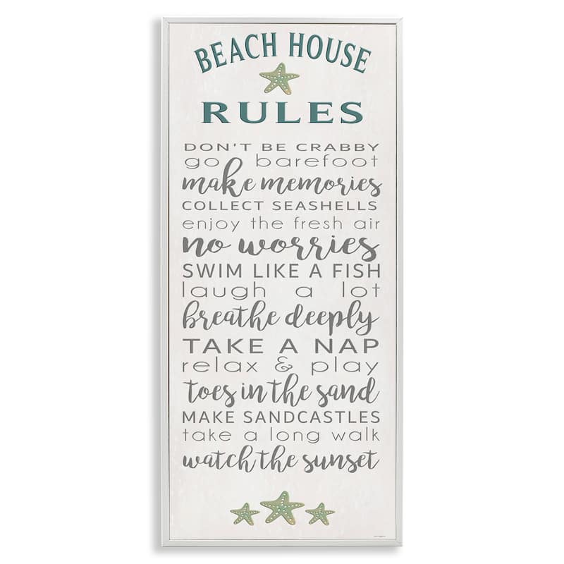 Stupell Fun Recreations Beach Rules Framed Giclee Art Design By Seven Trees Design - 10 x 24 - White