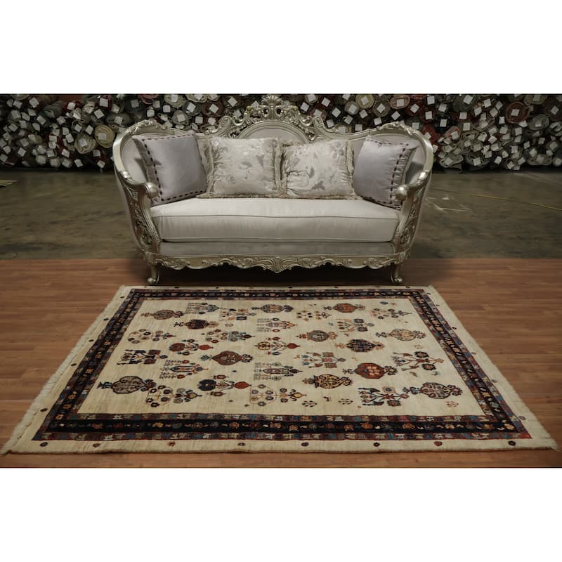 Hand Knotted Oriental 100% Wool Carpet Traditional Tribal Beige & Ivories Gabbeh (Qashqai) Area Rug - 6' 7'' X 4' 10''