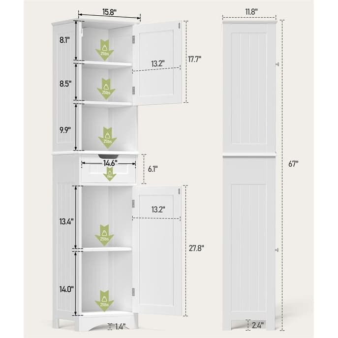 67" H Tall Bathroom Cabinet Narrow Linen Tower, Storage Cabinet with 2 Doors & Drawer