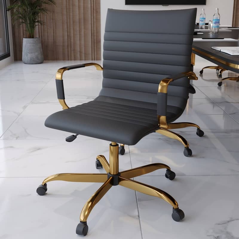 Harris Modern Mid-Back Leather Office Chair with Gold Frame, Padded Seat, Adjustable Height, 360° Swivel and Rolling Casters