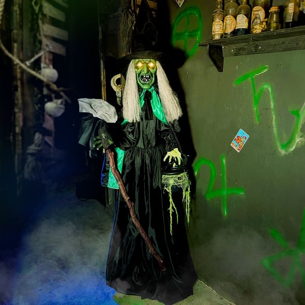 slide 2 of 18, Haunted Hill Farm Lifesize Witch Prop with Lights and Sound, Indoor/Covered Outdoor Halloween Decoration