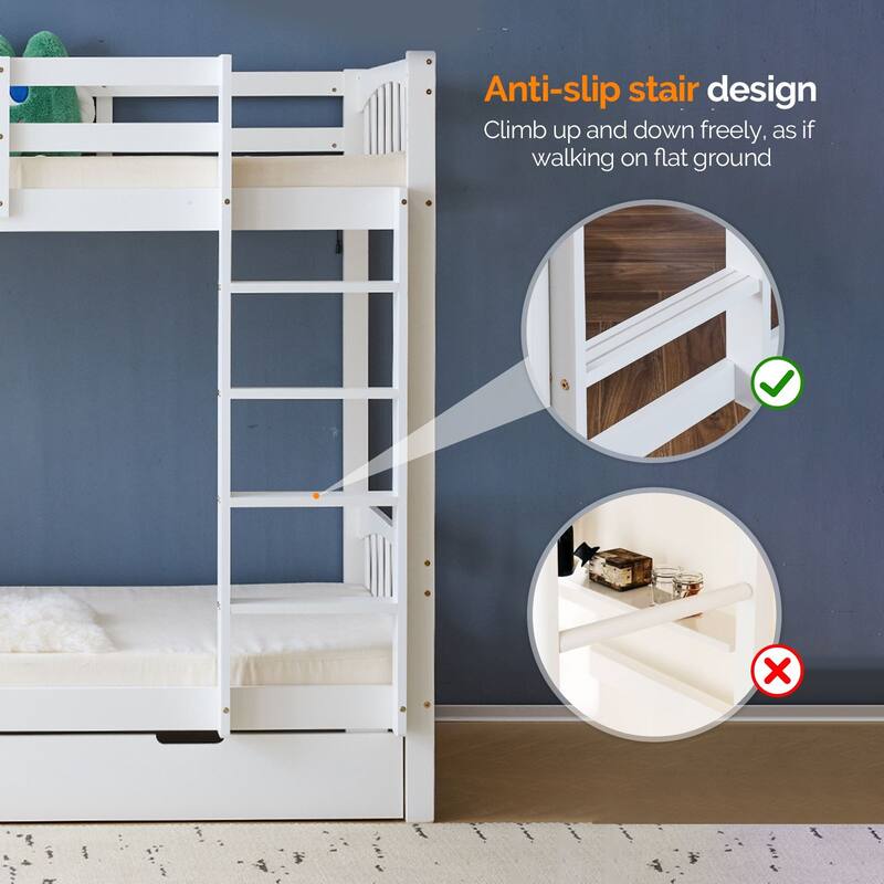 Solid Wood Twin-over-Twin Convertible Bunk Bed with 2 Drawer, White