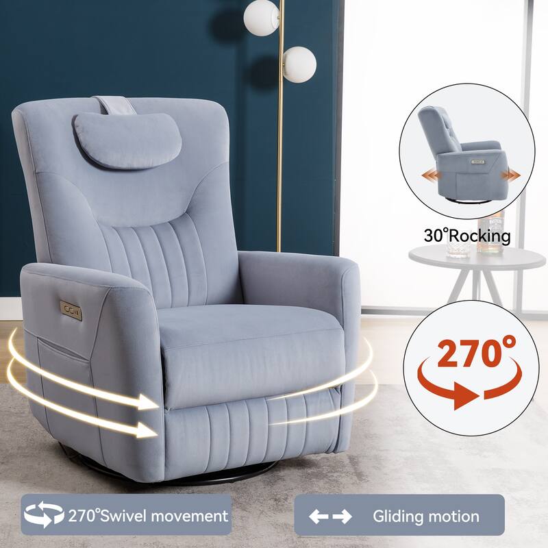 Ergonomic Swivel and Rocker Power Recliner Chair for Elderly, Lving Room Single Sofa w/Lumbar & Neck Support Pillow & USB Ports
