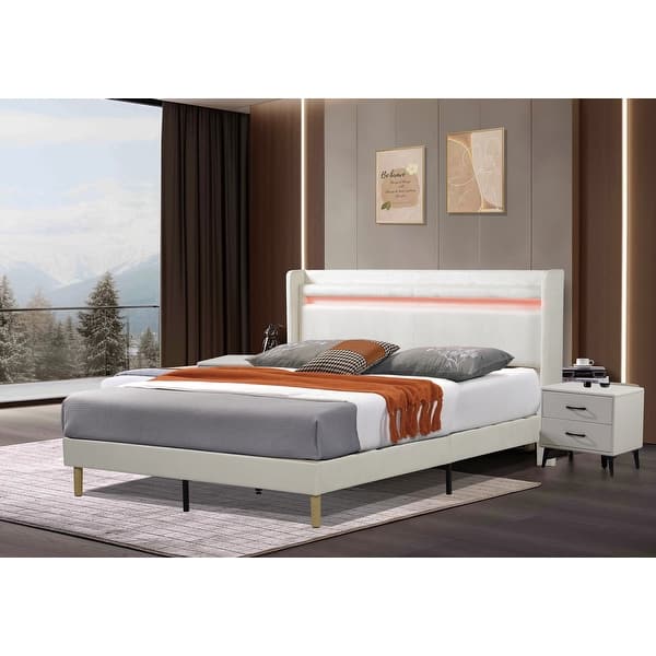 slide 2 of 5, Linen Upholstered Bed Frame with Quiet Slats and Wingback Design White