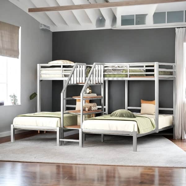 slide 2 of 27, Twin over Twin & Twin Triple Bunk Bed with Shelves Staircase Silver