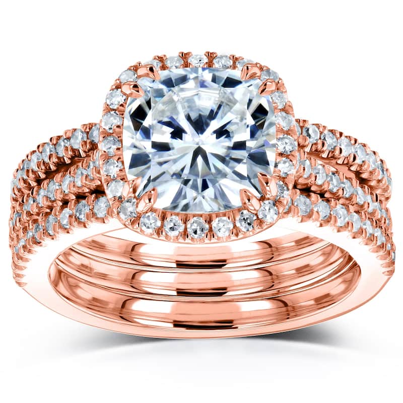 Kobelli 2.5 Carats Moissanite & Natural Diamond 14k Solid Gold Raised Cushion Halo Eternity Bands Capri 3pc Bridal Set