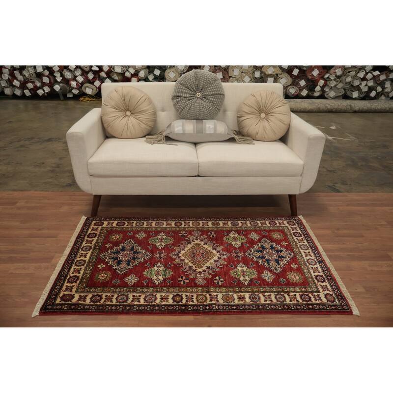 Hand Knotted Oriental 100% Wool Carpet Traditional Tribal Red Super Kazak Area Rug - 5' 0'' X 2' 11''