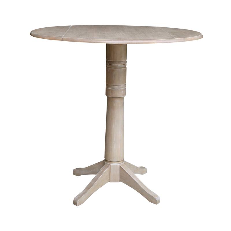 42 in. Round Top Dual Drop Leaf Pedestal Dining Table - Bar Height - Washed Gray Taupe