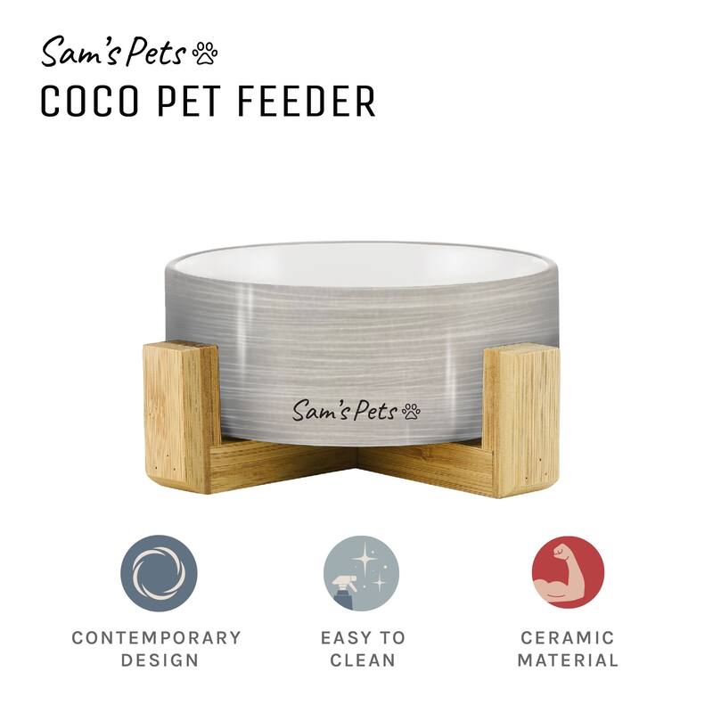 Coco Single Pet Bowl with Wood Stand 5.11'' in Light Gray - 6.3