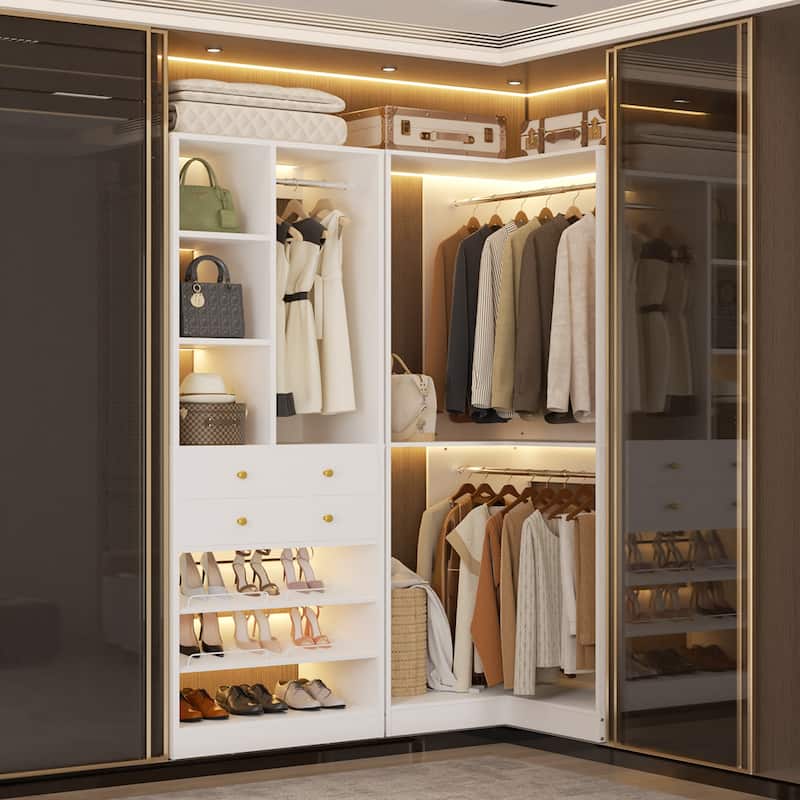 Set of 2/ 3 Coner Closet System with Shoe Racks and Drawers, Freestanding Closet Organizer with Hanging Rods and Shelves - White - Set of 2