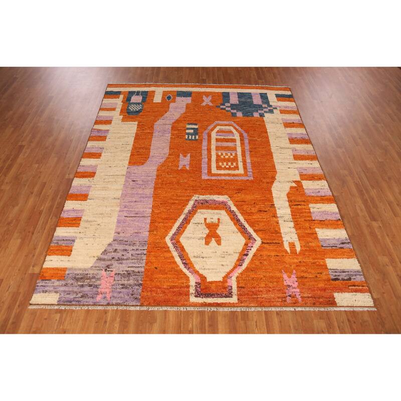 Moroccan Oriental Area Rug Handmade Orange Wool Carpet - 8'2" x 10'1"