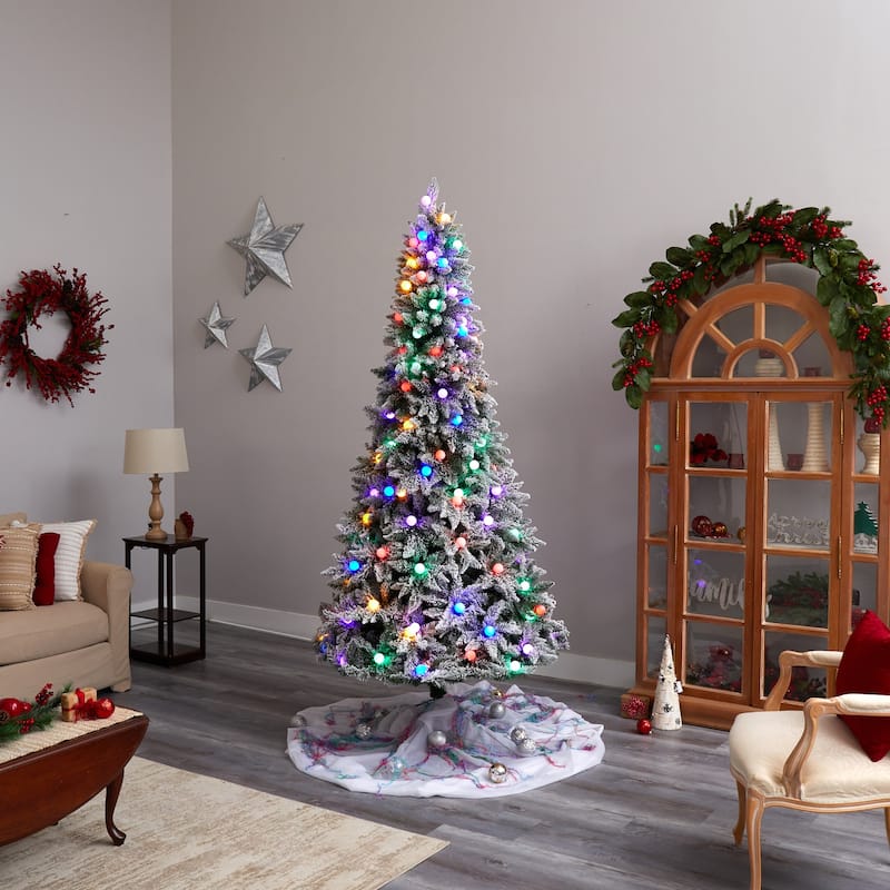 8.5ft. Flocked Fir Artificial Christmas Tree with 120 Multicolor Globe Bulbs & 1513 Branches - Festive Holiday X-Mas Glow