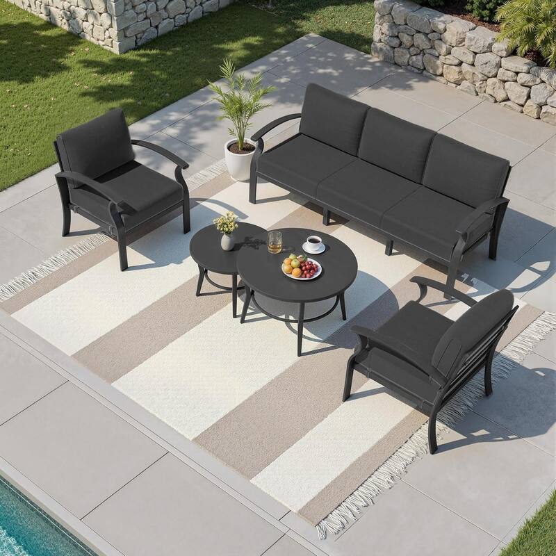 Kullavik Aluminum Outdoor Patio Sectional Sofa Set with Swivel Rocking Chairs and Coffee Table - Black - 5-Seats-Round Table