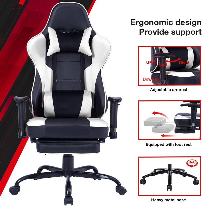 Leather Gaming Chair with Vibration Massage, 2D Armrests and 135° Recline