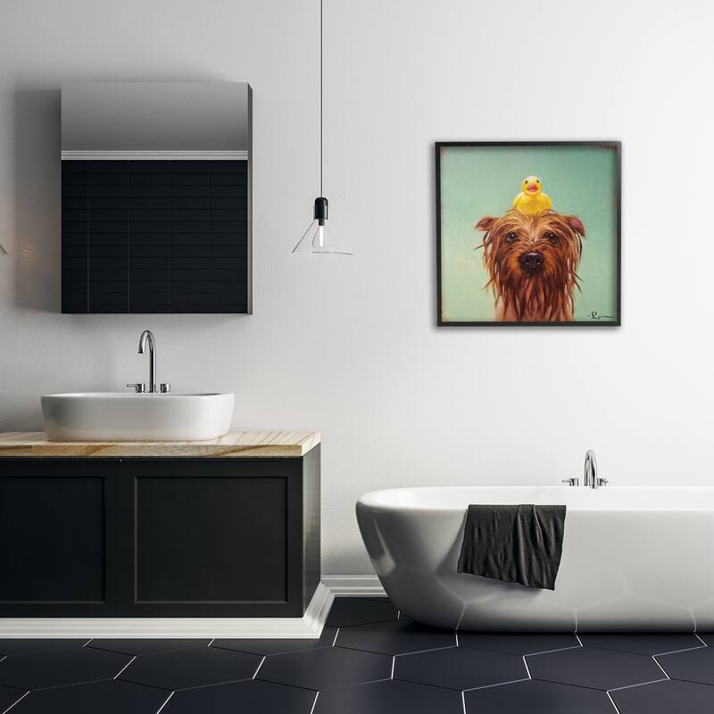 Stupell Wet Dog with a Rubber Ducky Turquoise Bath Framed Wall Art, 12x12, Proudly Made in USA