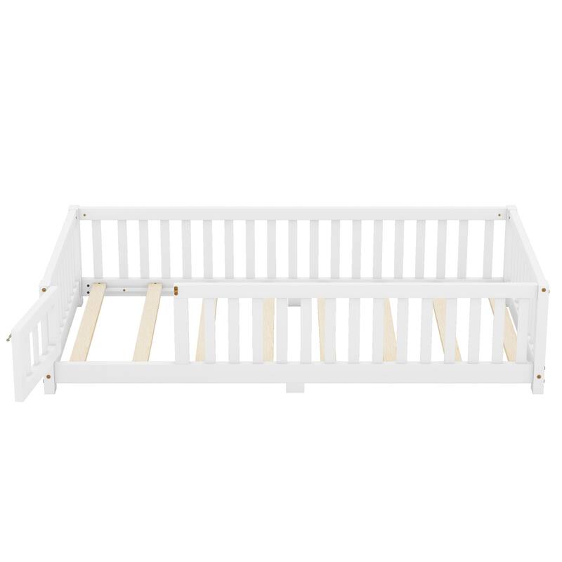 White Twin Size Pine Wood Floor Bed with Safety Guardrails and Door