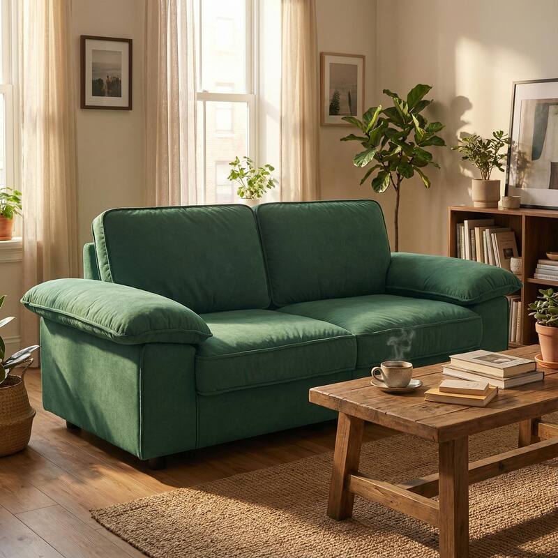 Roomfitters Modern Overstuffed Upholstered Sofa with Hidden Storage and Padded Arms, Comfy Loveseat for Small Space