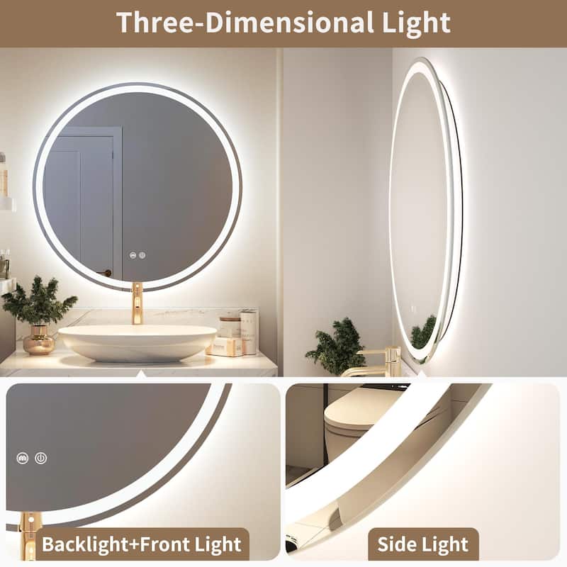Circular LED Anti-Fog Mirror for Bathroom, Three-Color Lighting Adjustable