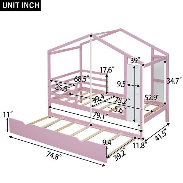 dimension image slide 2 of 3, Twin Size Wood House Bed Frame with Trundle, Fence and Writing Board