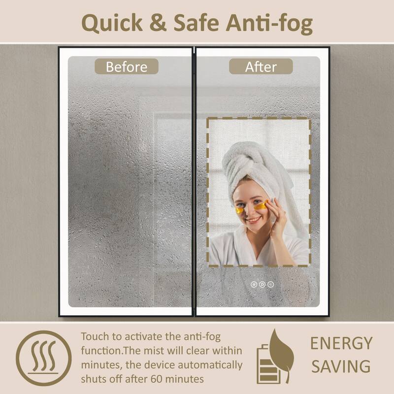 Grand Aluminum Medicine Cabinet with Mirror, Adjustable Shelves, Dimmable Light, Anti-Fog, Recessed or Wall Mount