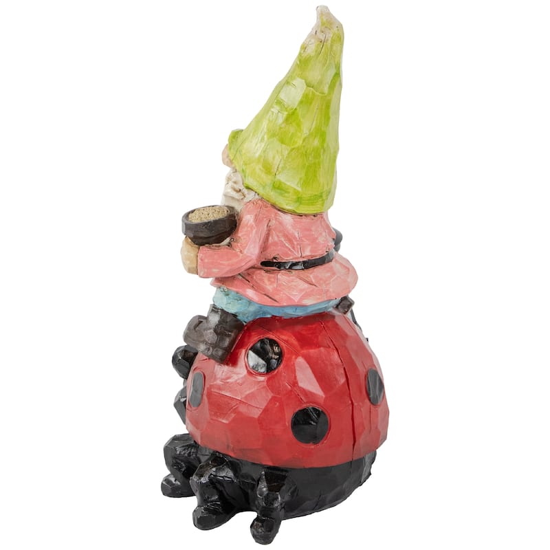 12.25" Solar LED Lighted Gnome and Ladybug Outdoor Garden Statue