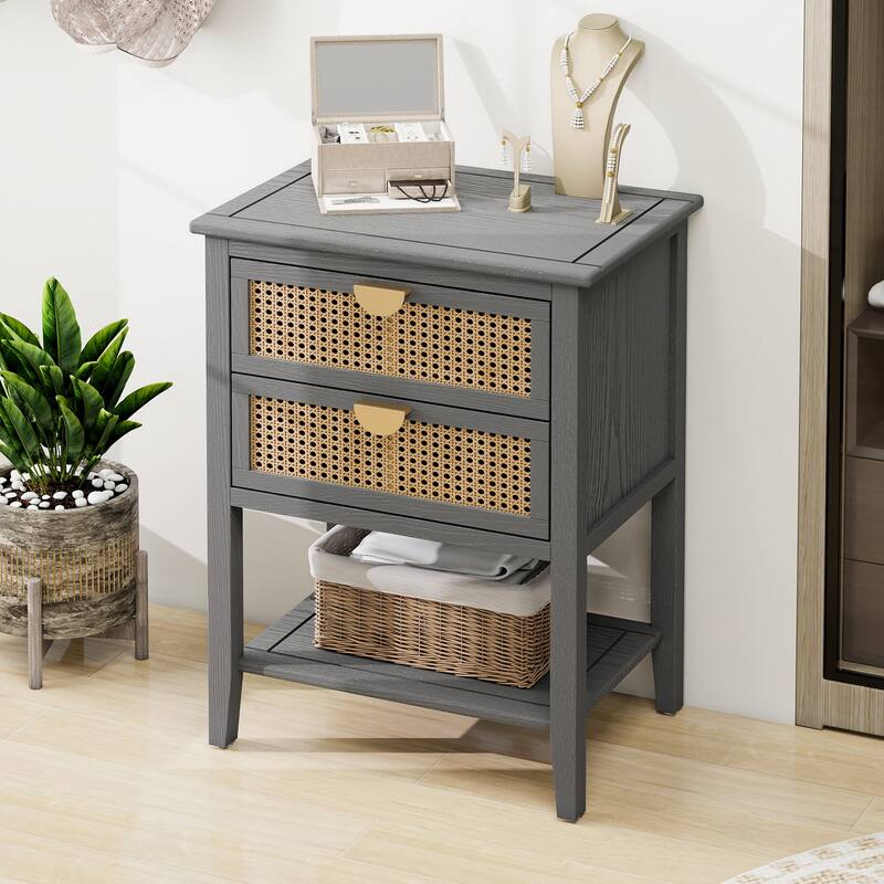 Roomfitters 2 Drawer Side Table, Rattan Nightstand End Table with Storage for Bedroom, Living Room
