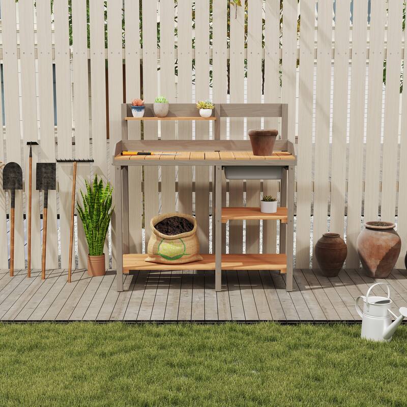 Outdoor Potting Table Bench with Spacious Top and Open Shelf, Wooden Garden Workstation Table for DIY Projects