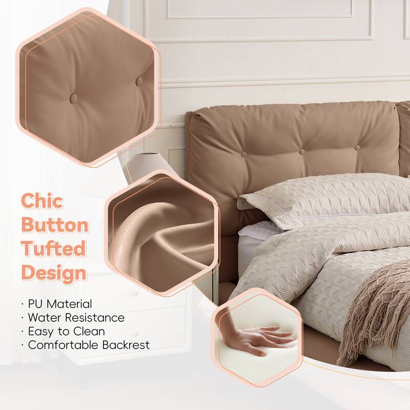 Queen Size LED Upholstered Platform Bed with Button-Tufted Headboard, Easy Assembly, No Box Spring Needed, Khaki