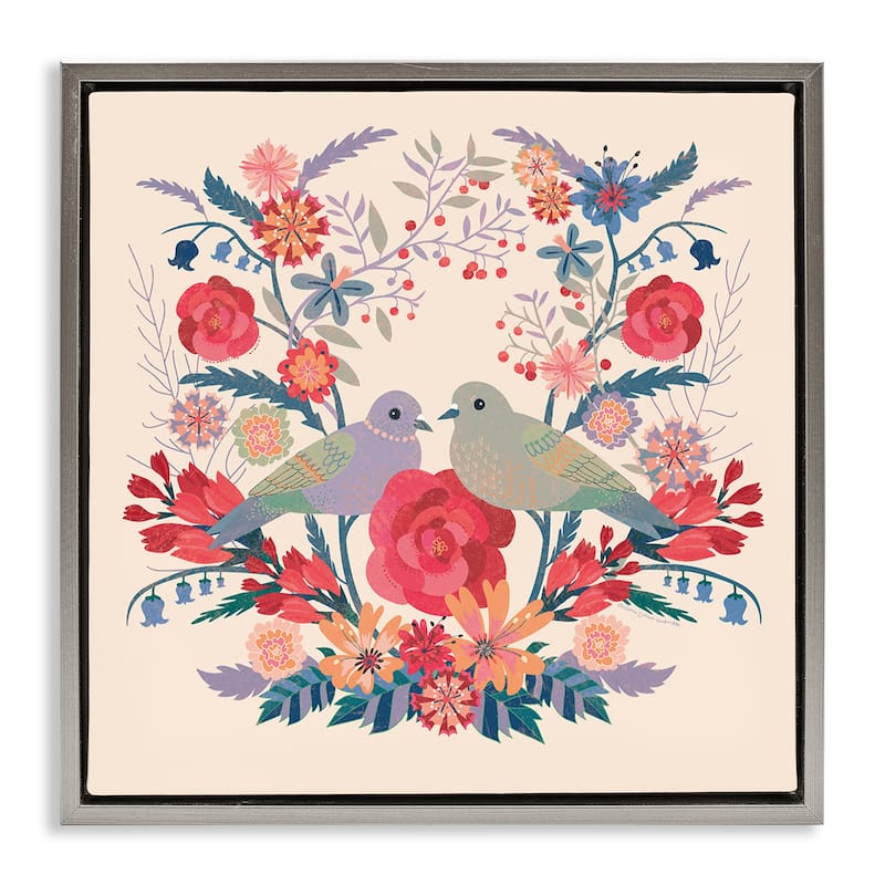 Stupell Symmetrical Folk Flowers & Birds Framed Floater Canvas Wall Art Design By Verbrugge Watercolor - 25 x 25 - Grey