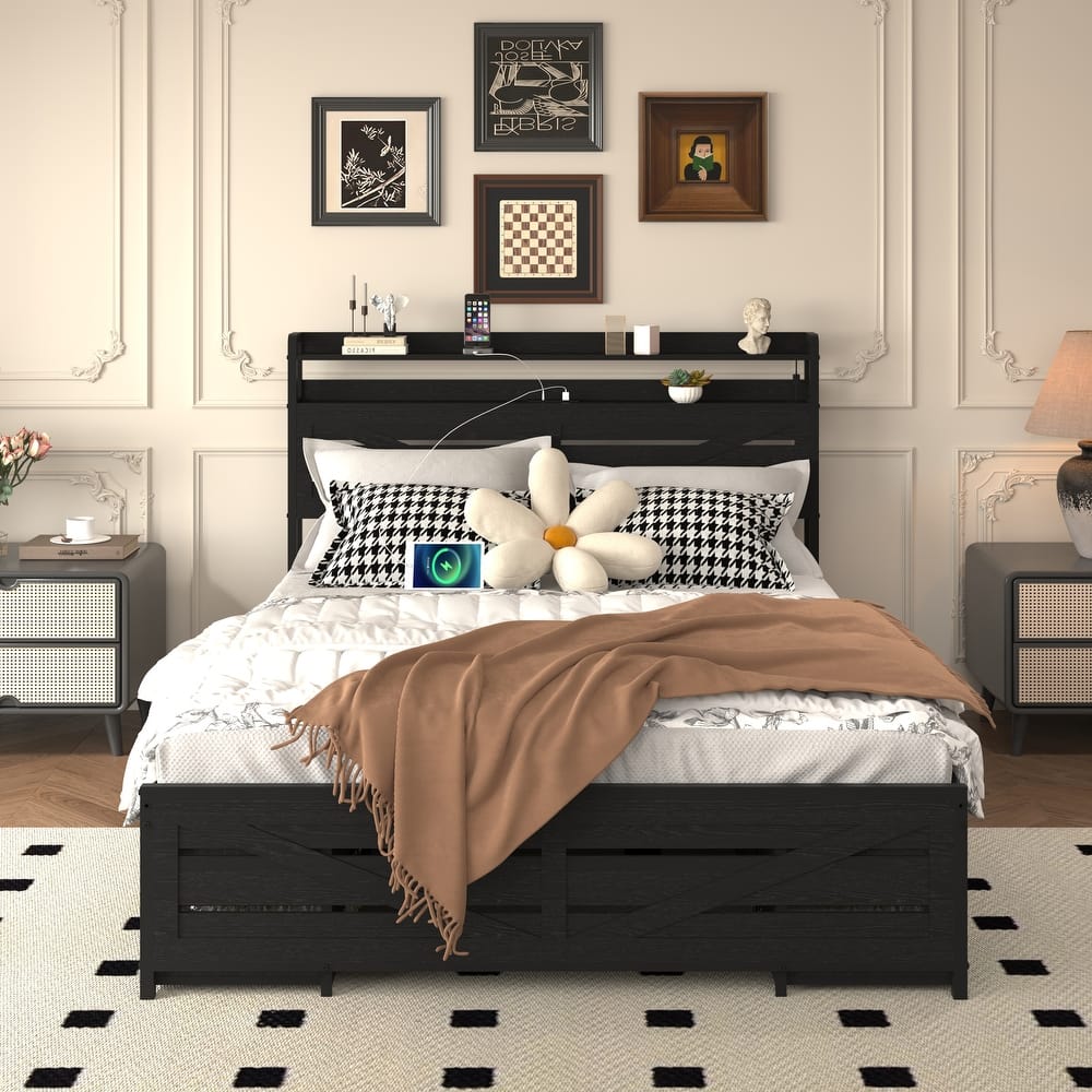 Storage Bed Frame with 12 Fabric Drawers, Metal Platform Bed with Headboard Footboard, LED Lights, Integrated Charging Station