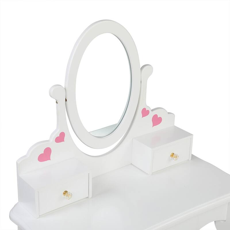 Kids Three Drawers Wooden Dressing Table Round Mirror with Stool