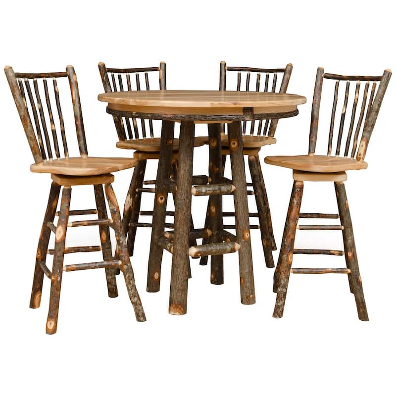 Hickory Log Pub Table and 4 Swivel Stick-Back Barstools - Counter Height - 36" Diameter - All Hickory