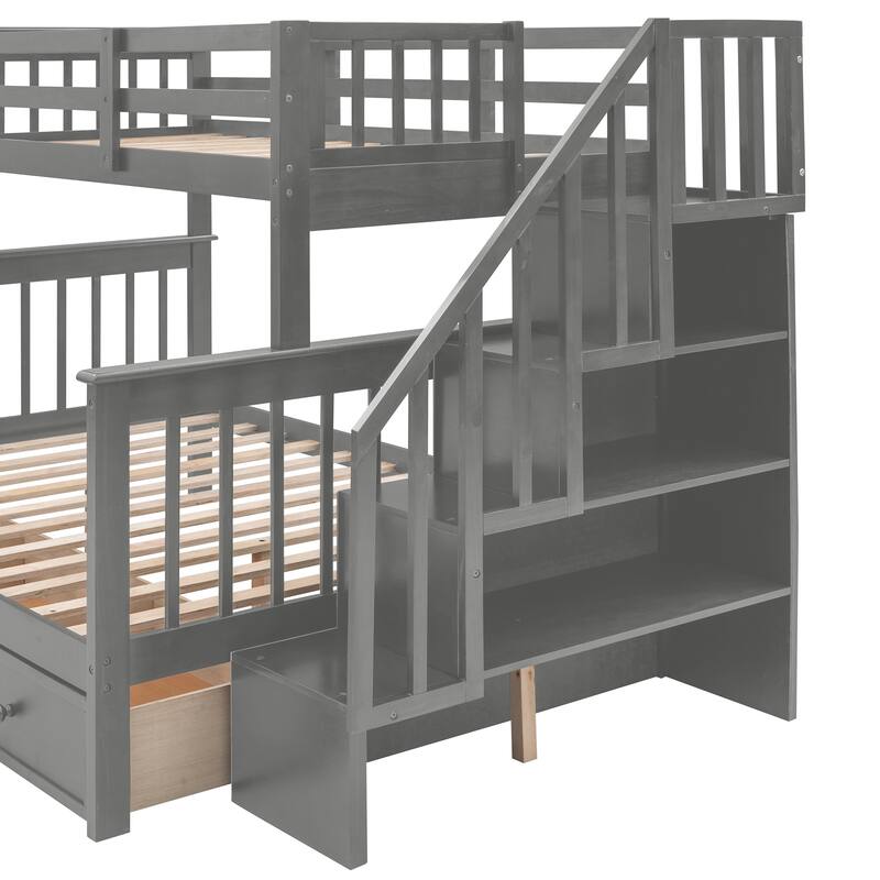 Twin-Over-Full Bunk Bed with Storage Drawer, Guard Rail, and Staircase for Bedroom or Dorm