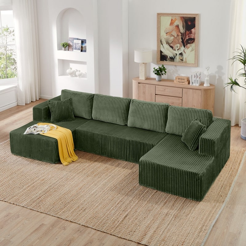 Modular U-Shape Sleeper Sofa, Space-Saving Corduroy Sectional - Green