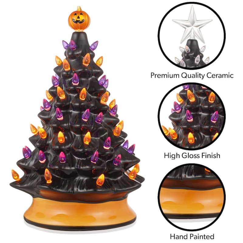15in Hand Painted Ceramic PreLit Halloween Tree w Pumpkin and Star