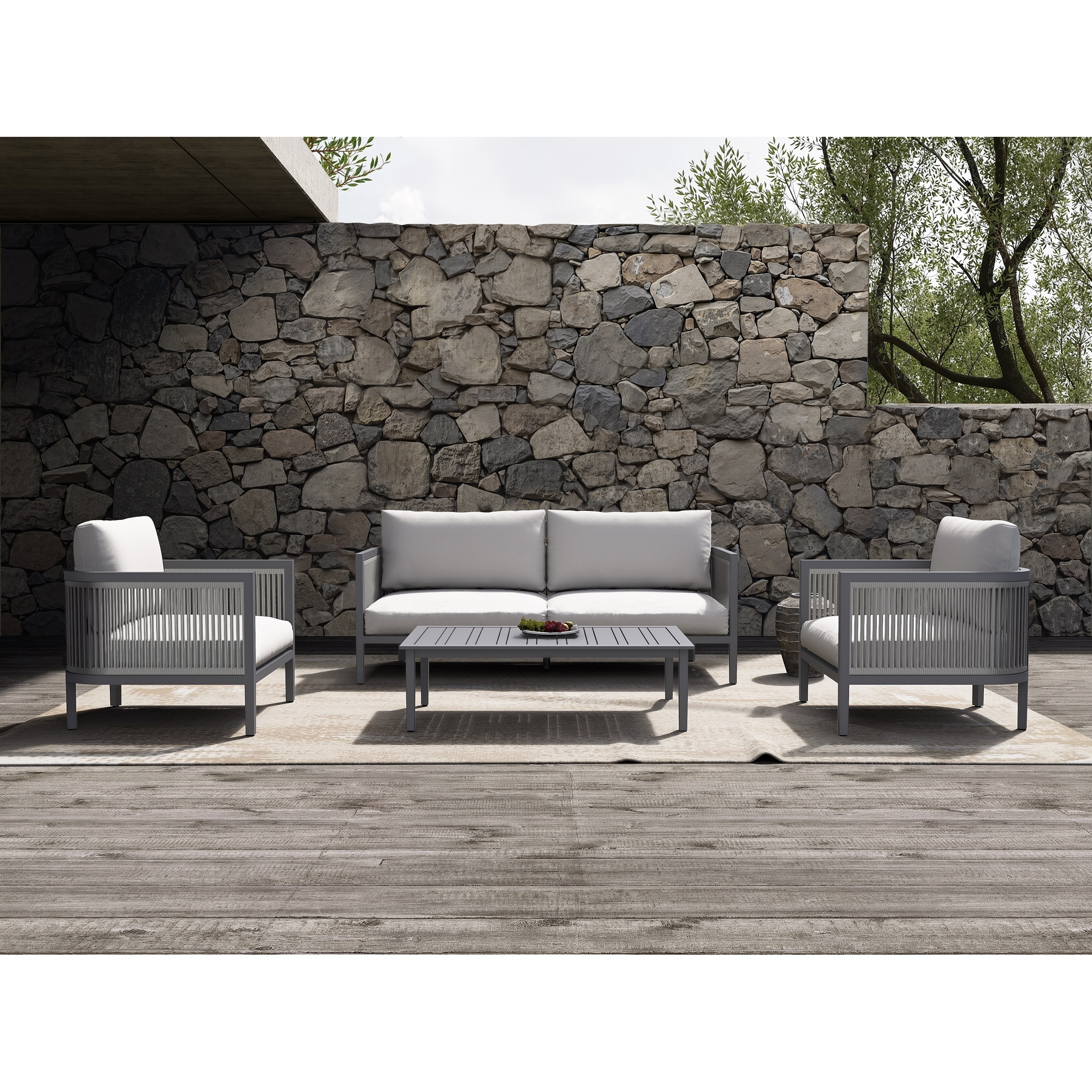4-Piece Outdoor Patio Deep Seating Set with Gray Cushions