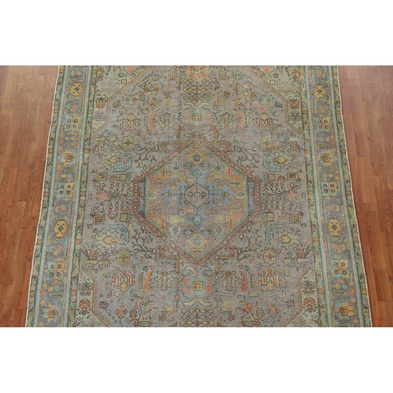 Hand Knotted Oriental 100% Wool Carpet Traditional Medallion Greys & Charcoal Tabriz Area Rug - 9' 9'' X 6' 5''