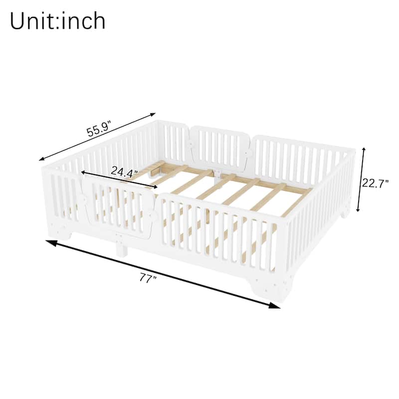 Montessori Floor Bed with Fence and Door, Kids Floor Bed Frame with Slats, No Box Spring Needed