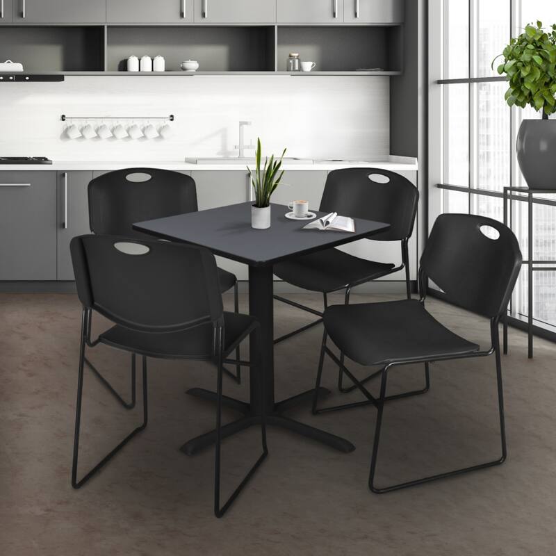 30" Square Breakroom Table- Grey & 4 Stack Chairs- Black - Grey, Black - 30